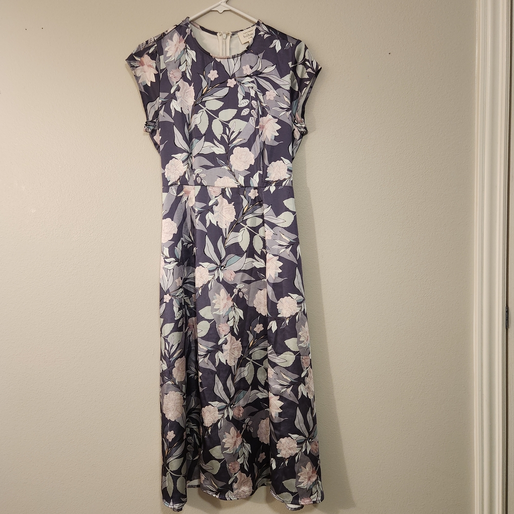Böhme Floral Midi Dress Women's Medium Purple Pink Short Sleeve Smocked Waist - Picture 11 of 14
